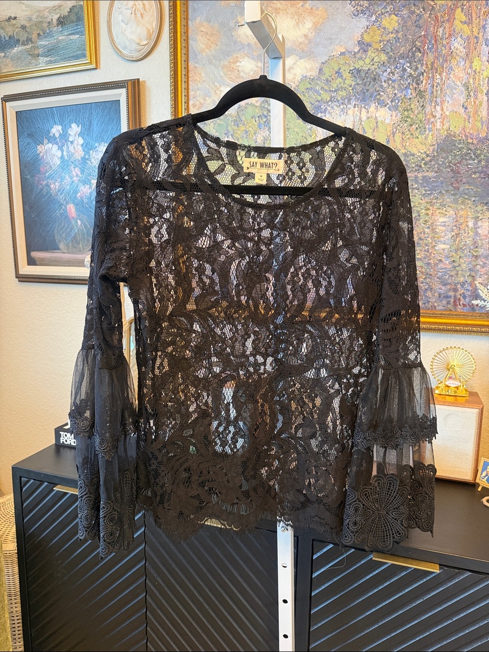 Say What? Black Lace Bell Sleeve Top